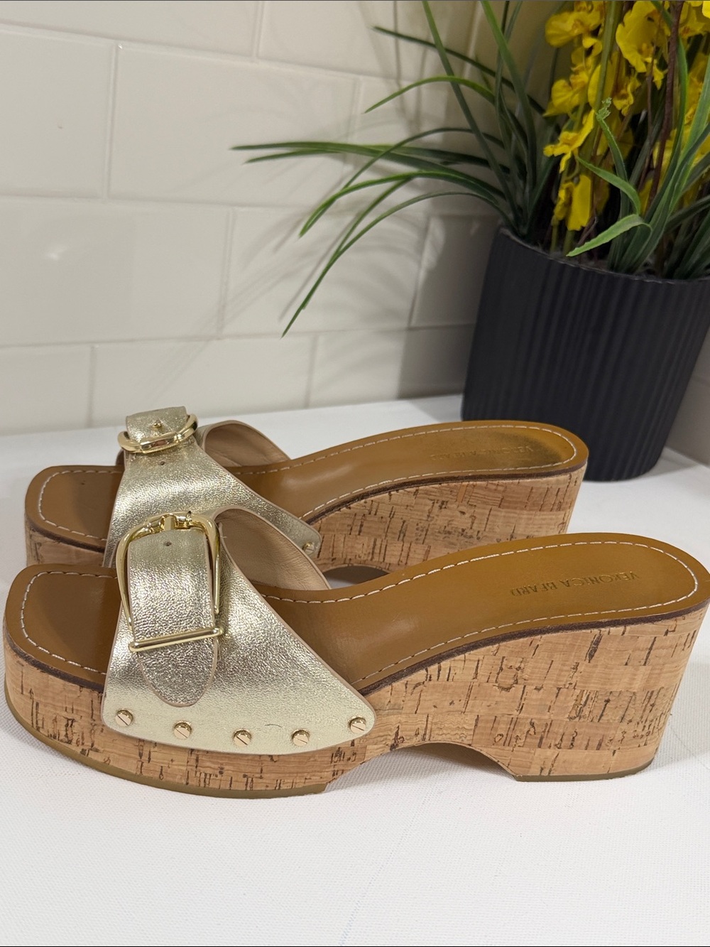 Veronica Beard Cork Gold Wedges . EUC . Size 8 M